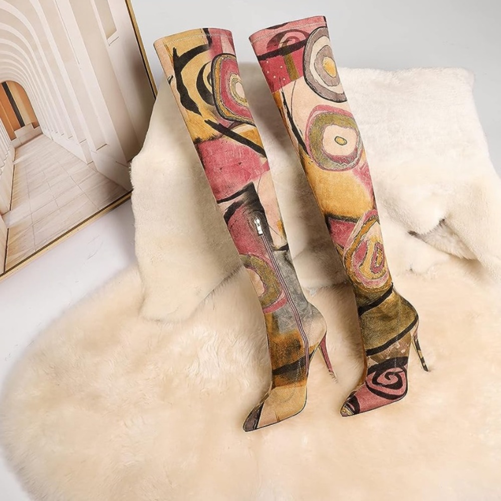 Women's Sexy Printed Stretchy Thigh High Pointy Toe Stiletto Boots